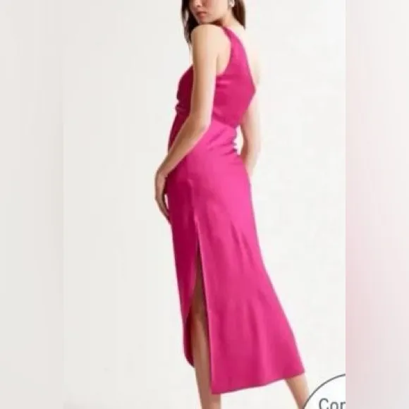 Abercrombie & Fitch One-Shoulder Satin pink Knotted Midi Dress Size XXS like new - Image 12