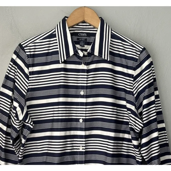 Chaps No Iron Button Up Shirt Size L Blue White Striped Preppy Business Casual - Image 2