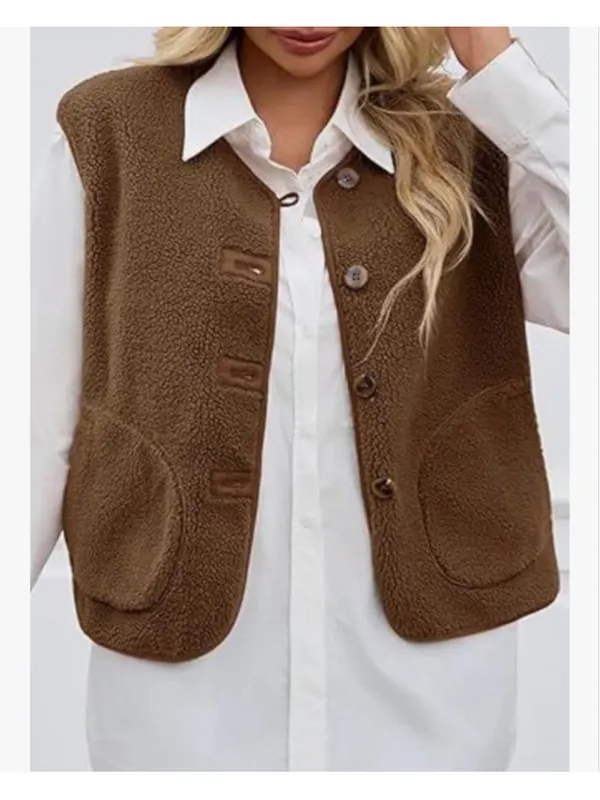 NEW Fuzzy Fleece Sleeveless Button Brown Button-Up Vest XL - Image 2