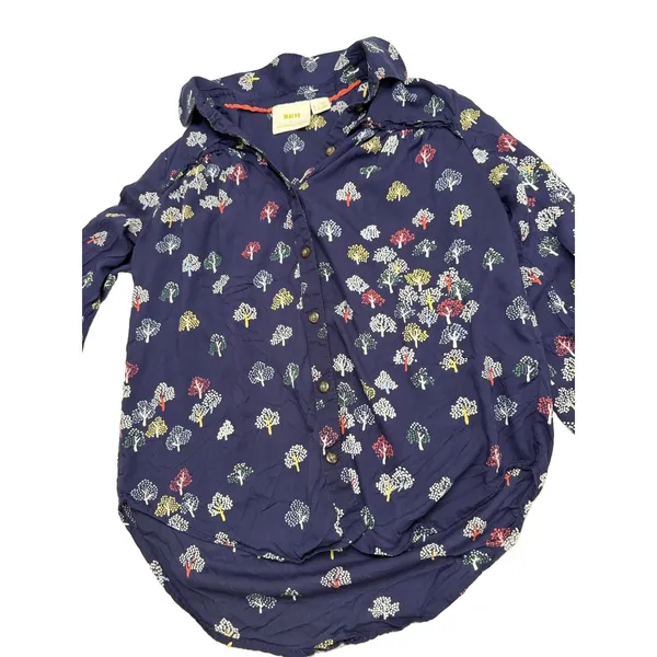 Anthropologie Maeve Fredericka Button Down Top Sz 2 Trees Navy - Image 6