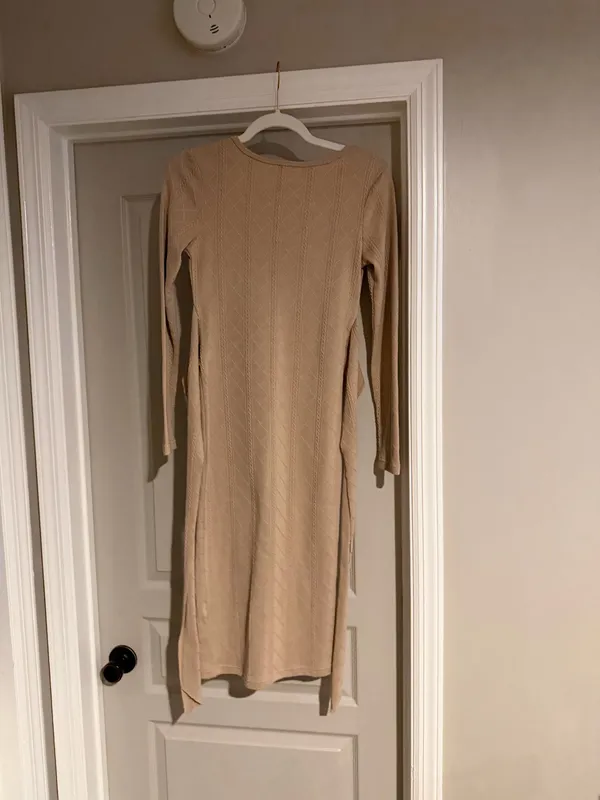Tan Sweater Dress with Tie Waist - Image 3