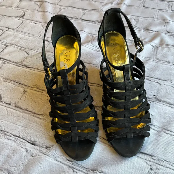 Lauren Black Suede Strappy Wedge Heels Sandals 7 - Image 2