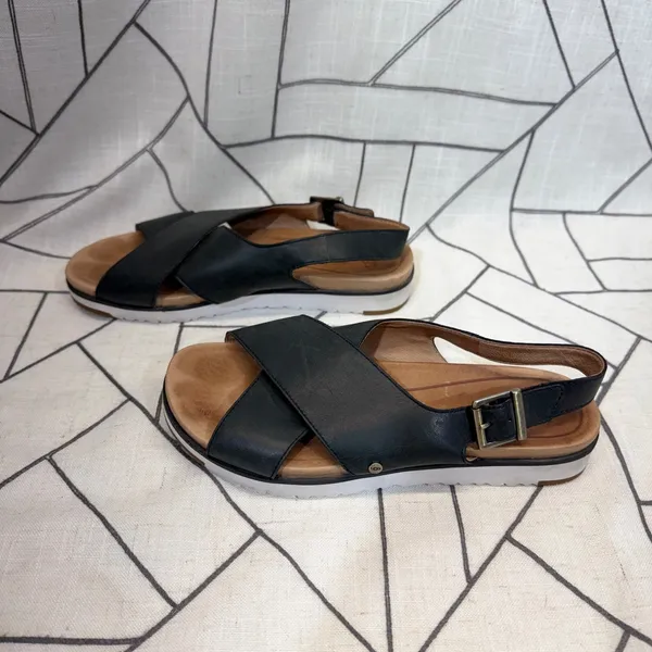 UGG Kari‎ Slingback Sandals 7.5 Black Leather Crisscross Platform 1092259 - Image 4