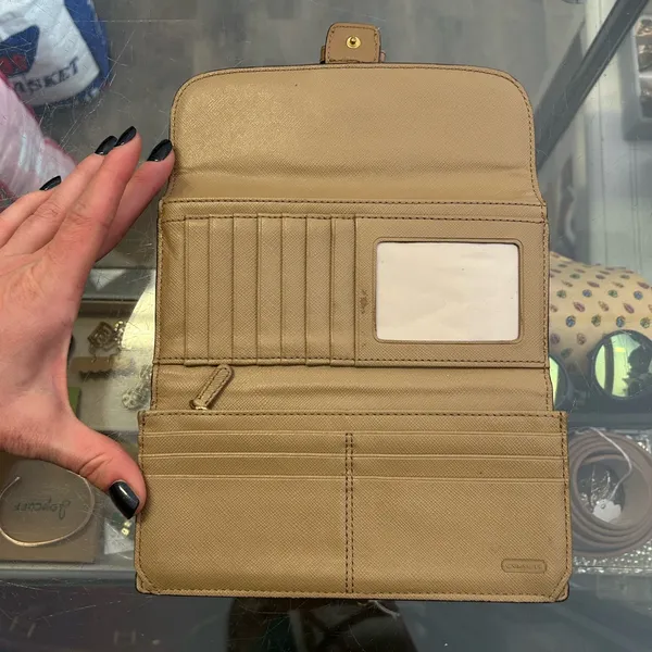 Coach Taupe Leather Flap Wallet Brass Turn Lock Long Bifold Neutral - Image 3