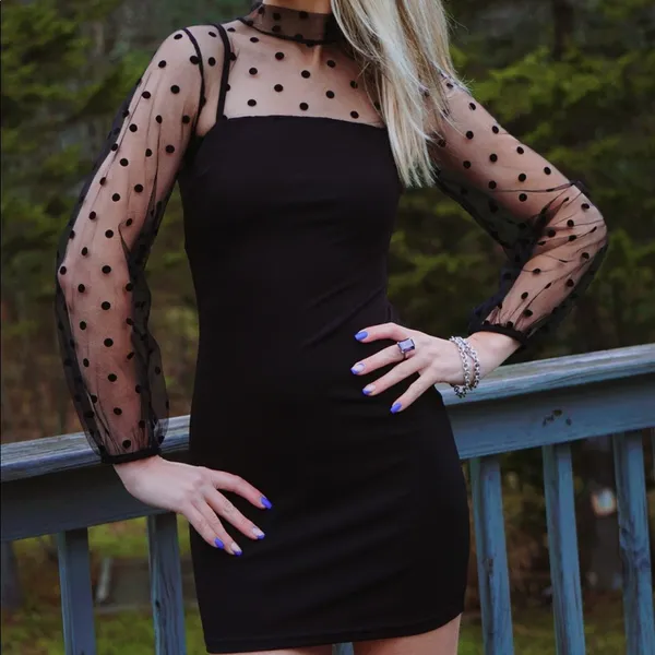 Women's Black Mock Neck Long Sleeve Polka Dot Cocktail Mini Dress Size XS - Image 3