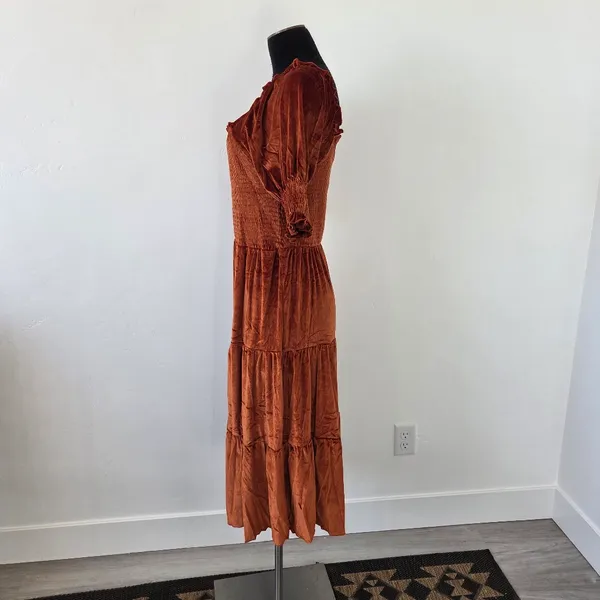 Burnt Orange Copper Velvet Maxi Dress Tiered Smocked Holiday Party Christmas M - Image 5