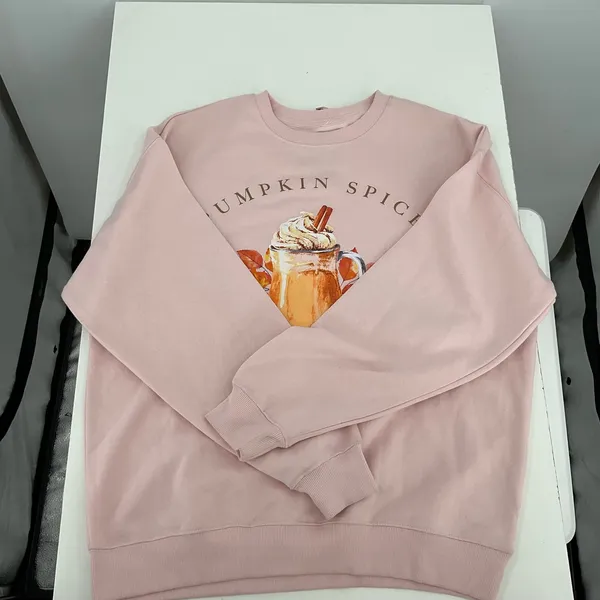 Goodie Two Sleeves Pumpkin Spice Sweatshirt Women's Size L Pink Graphic Pullover - Image 4