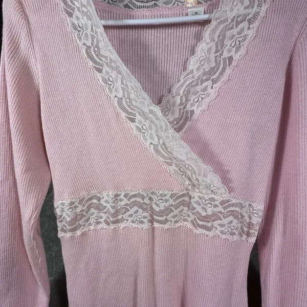 Y2K Coquette Wrap Top Medium Floral Lace Fairy Dollette Cute Girl Pink 90's VTG - Image 2