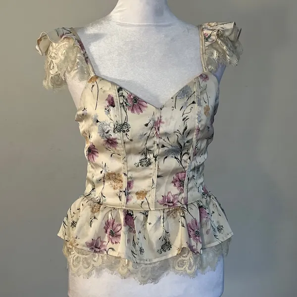 Floral Lace Corset Peplum Top Cream Purple Cottagecore Flutter Sleeve Bustier - Image 6