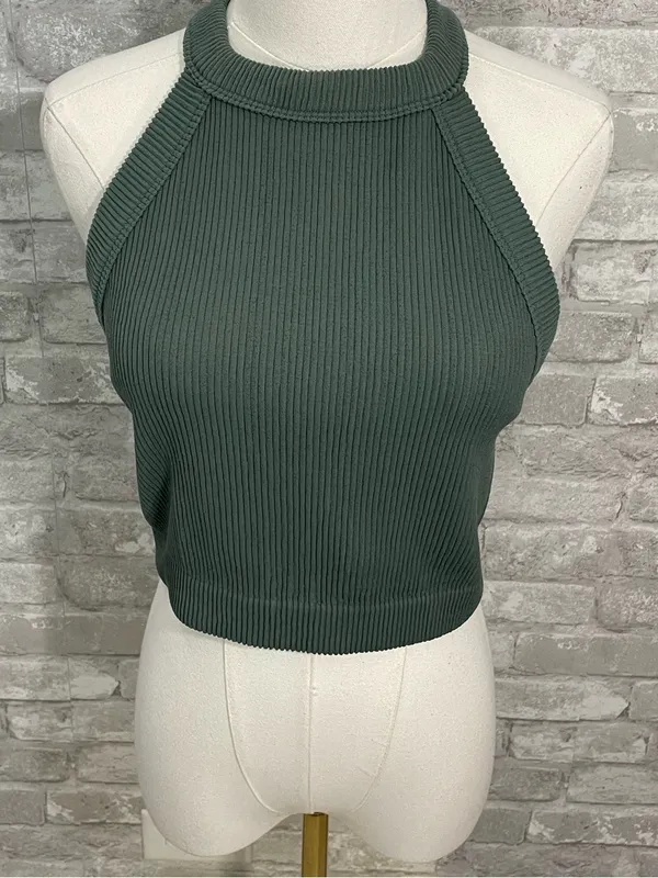 aerie Ribbed Halter Crop Top in Green - Image 2