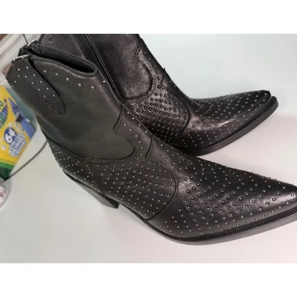 Emanuele Crasto‎ Italy Studded Black Leather Western Ankle Boots Grunge 39 NWT - Image 3