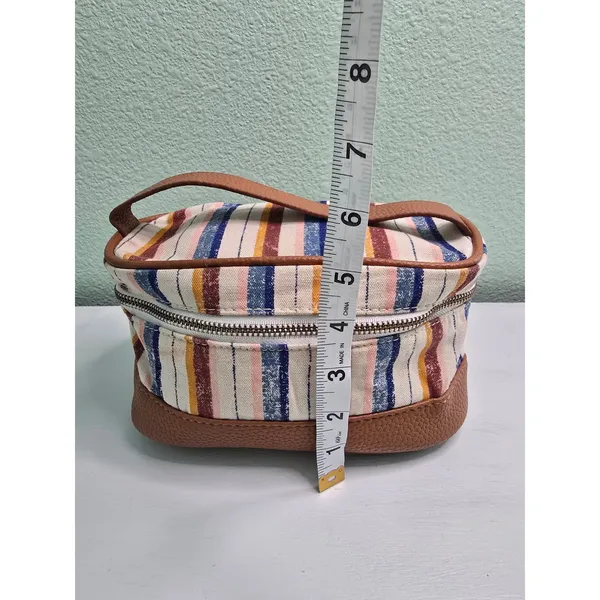 Striped Makeup Cosmetic Zipper with Handle‎ Beads Bag Brown - Image 6