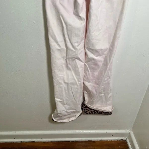 Q2 Premium Denim Womens Sz XS Wide Leg Pants Leopard Print Trim Cream Light Pink - Image 9