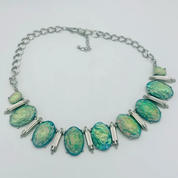 Elegant Statement Silver and Blue Green Iridescent Necklace - Image 3