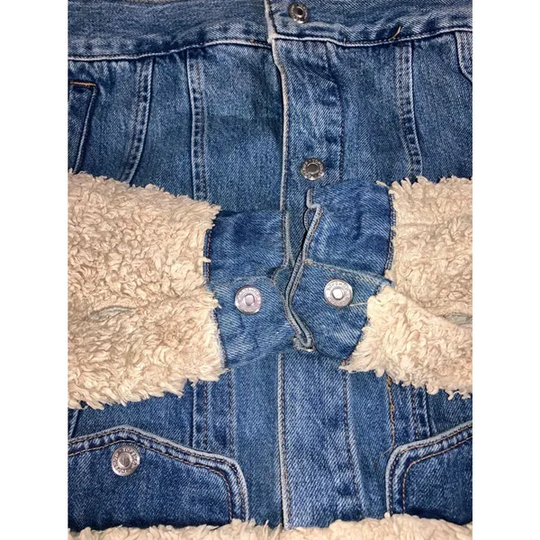 Topshop Denim Jacket Womens 6 Small Blue Cream Borg Fleece Mixed Media Trucker - Image 10