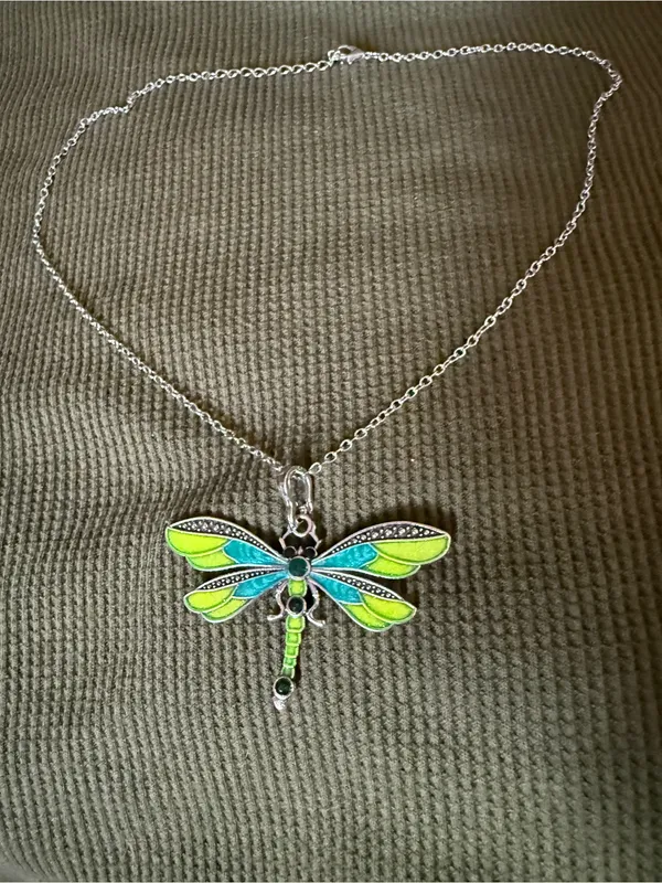 Silver Dragonfly Pendant Necklace in Lime Green & Teal - Image 3