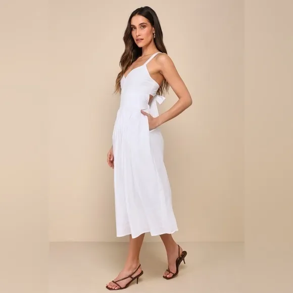 NEW Lulus Strolling Sicily White Pleated Backless Midi Dress With Pockets Sz XL - Image 6