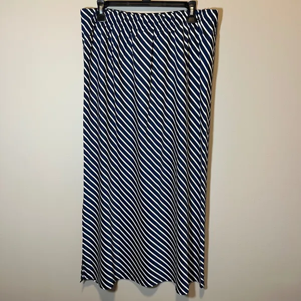 J. Crew Navy White Diagonal Stripe Satin Midi Skirt Elastic Waist Nautical Large - Image 6