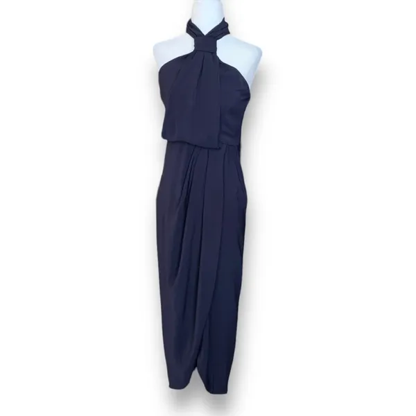 Shona Joy Revolve‎ Knot Draped Halter Dress Navy Blue Maxi 4 Cocktail Formal - Image 2