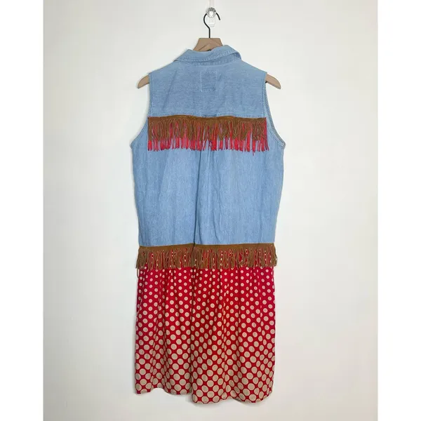 Vintage Details Express Tunic Shirt Women's Size Large‎ Blue Chambray Fringe 90s - Image 2