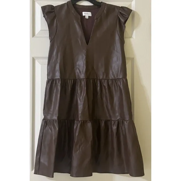 EVEREVE Ella Brown Faux Leather Tiered Babydoll Dress Sz M Boho Chic City Edgy - Image 3