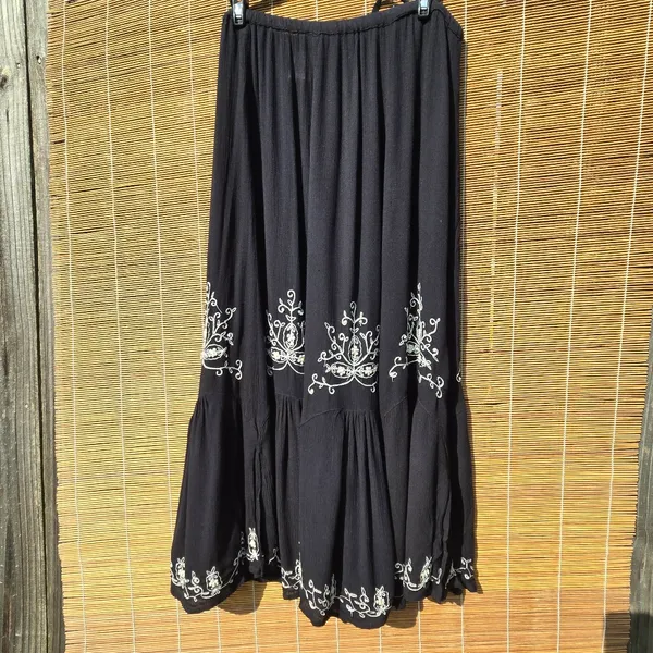 Bila Rayon Black Embroidered Tiered Bohemian Skirt Sequins Large - Image 2