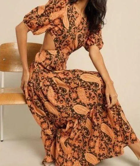 Charlie Holiday Anthropology Black and Orange Paisley Maxi Dress with Cutouts - Image 3