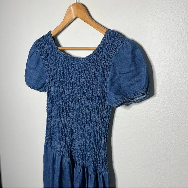 Vintage 90s Smocked Puff Sleeve Drop Waist Pleated Denim Maxi Dress - Image 8