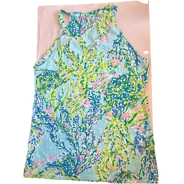 Lilly Pulitzer Blue Green Pink Coral Print‎ Cotton Halter V-Neck Tank Top Small - Image 4