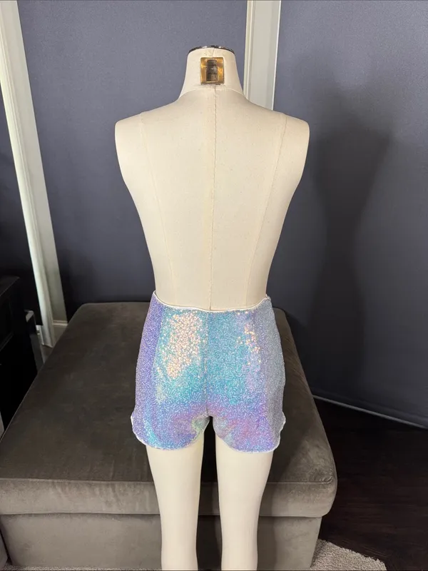 Iridescent Silver Sequin Women’s High-Waist Party Festival Shorts SMALL NWOT - Image 4