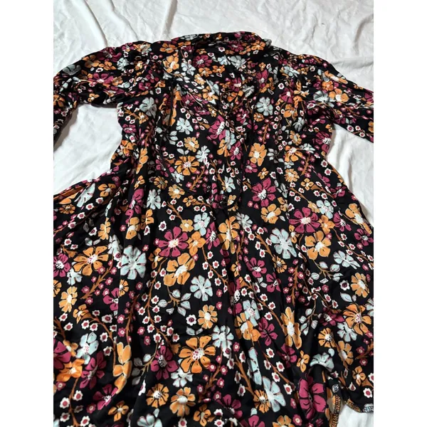 Free People Black Floral Boho Mini Dress Size Small Long Sleeve Tie Neck - Image 5