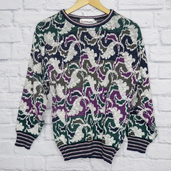 Vintage 80’s Abstract Purple and Green Sweater - Image 3