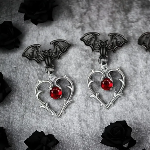 Gorgeous Black Bat Heart‎ Dangle Halloween Earrings with Ruby Color Decor Silver - Image 7