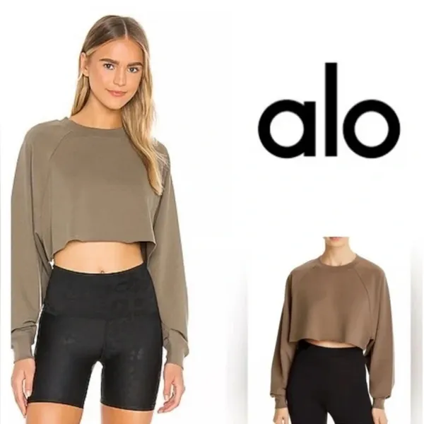 ALO Double Take Pullover long sleeve tee cropped top Olive Branch raw crew - Image 9