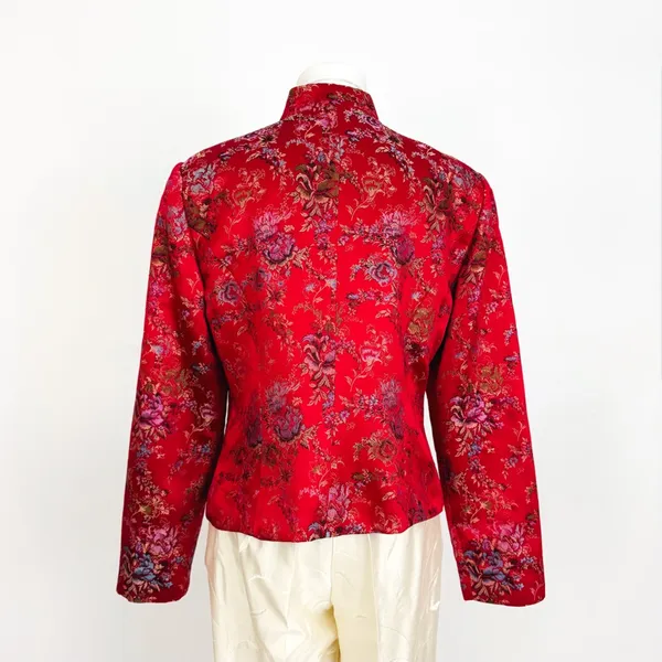 Vintage Y2K Silk-Blend Chinese-Style Patterned Tang Blazer in Red | Size S/M - Image 4