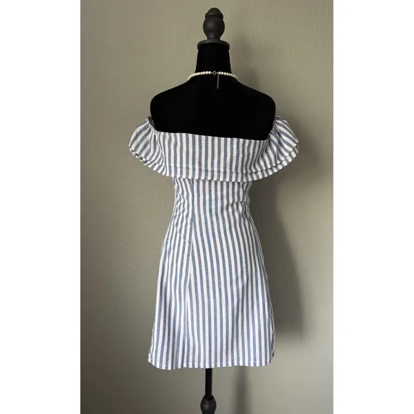 Lulus Seaside Skipper Blue White Striped Off Shoulder Mini Dress XS NWT - Image 3