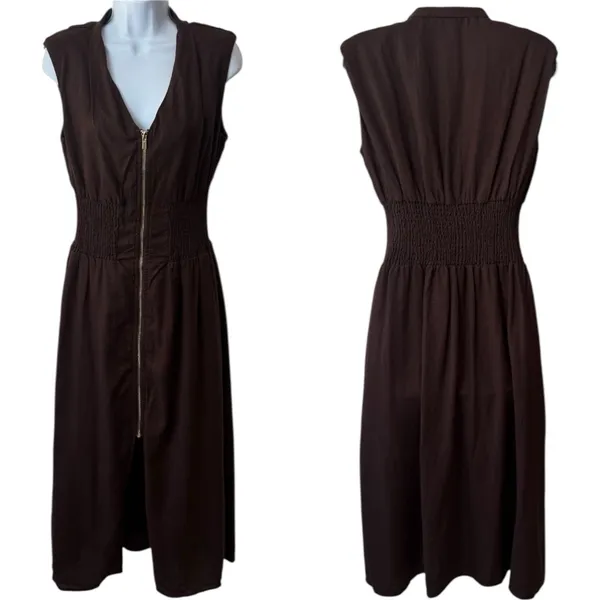 Joie Linen Blend Chocolate Brown‎ Zip-Front Midi Dress Quiet Luxury Old Money M - Image 2