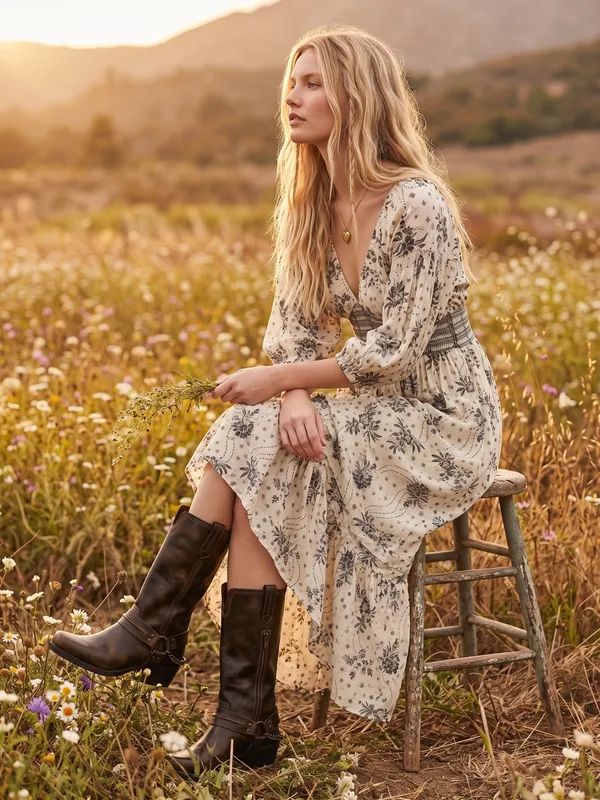 Free People Bohemian Billowy Ethereal Floral Golden Hour Maxi Dress Ivory XL - Image 11