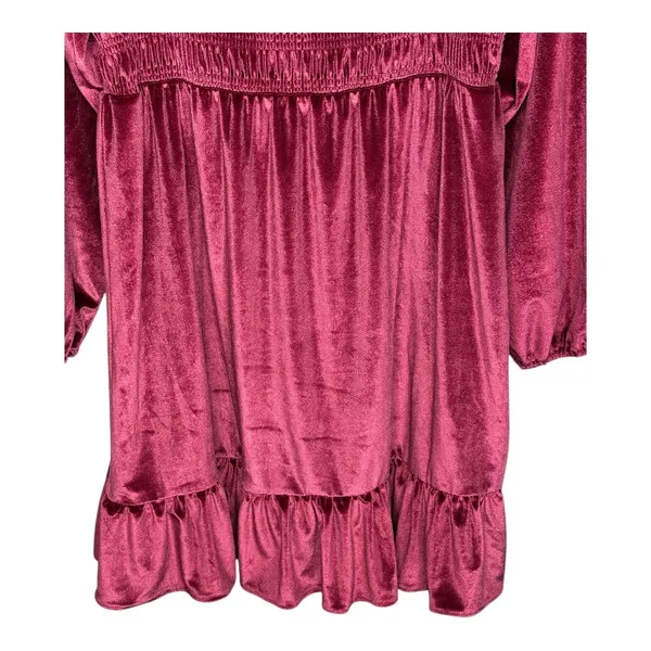LC Lauren Conrad Velvet Mini‎ Dress Large Wine Red Smocked Ruffle Long Sleeve - Image 4