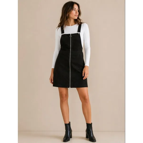 H&M Black Suede Size 8 Medium Zip Front Overall Dress Mini Pinafore NWT - Image 2
