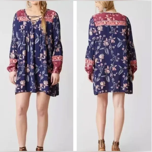 Billabong Pink & Blue‎ Floral Just Like You Dress Medium Boho Peasant Flowy - Image 2