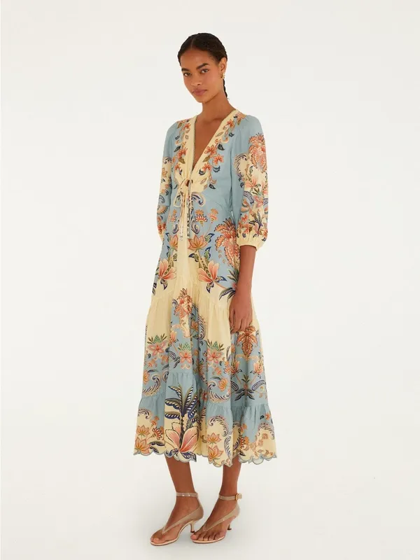 Farm Rio Butter Yellow Boho Beauty Maxi Dress XS - Image 7
