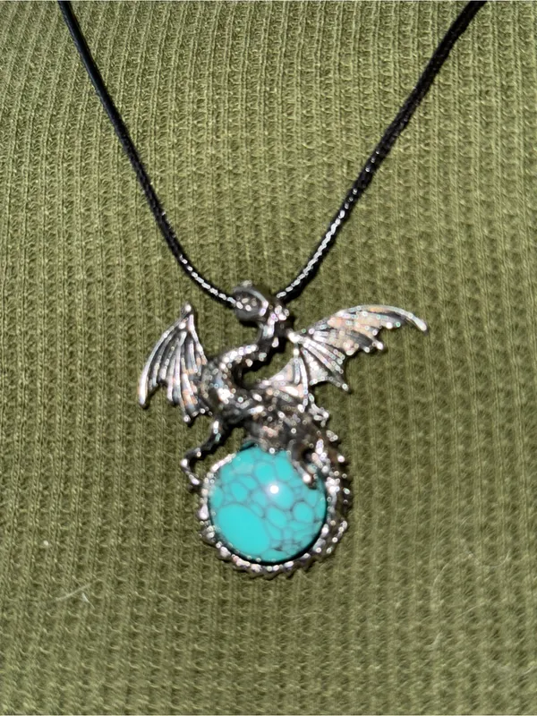 Dragon Pendant Necklace with Turquoise Stone - Black Cord - Image 2