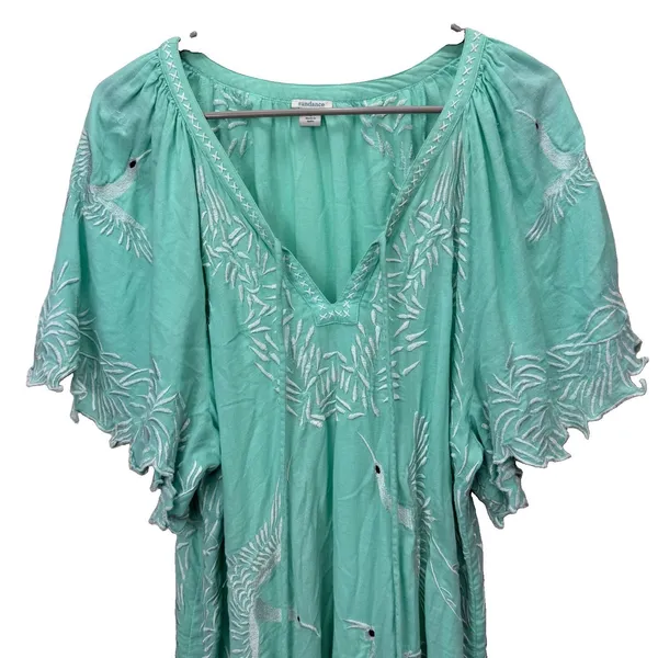 Sundance Aquamarine Embroidered Birds Floral Cotton Boho Beach Dress‎ Size LARGE - Image 3