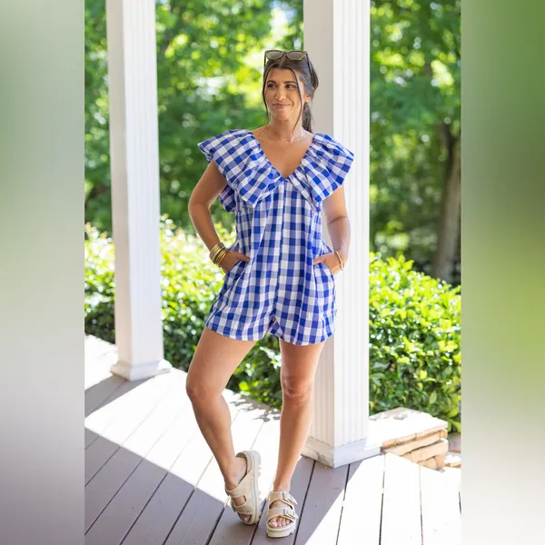 Lulus NWOT Day & Moon Boutique Brand White/Blue Checker Gingham Print Romper | Size: M - Image 6