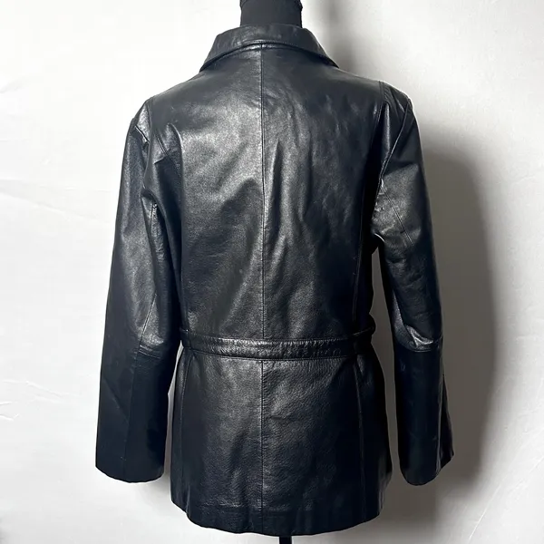 Vintage Outbrook Black Leather Jacket Womens Large Belted Zip Coat 90s - Image 4