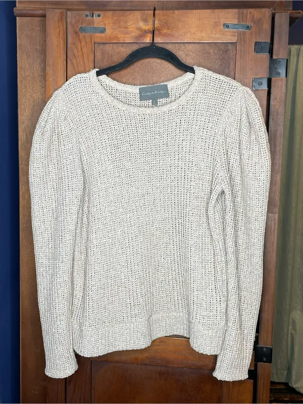 Anthropologie Sunday in Brooklyn Khaki Knit Sweater Small Puff Sleeve Neutral - Image 2