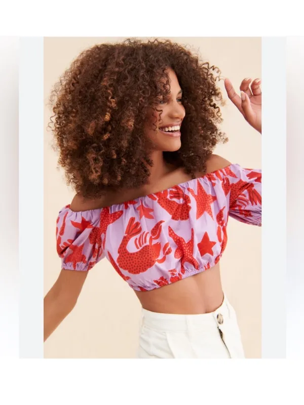 Farm Rio Lobster Sky Crop Top Purple Red Organic Cotton Puff Sleeve NWT Size M - Image 11