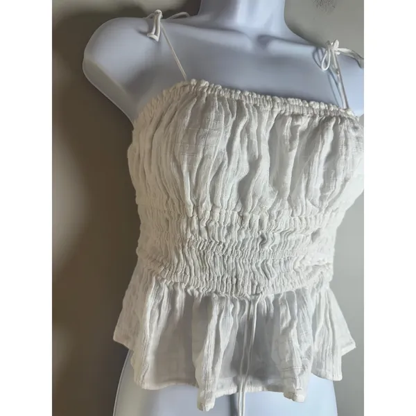 J.Crew White Smocked Peplum Cami Tie Shoulder Strap Top CA526 Summer 24 Small - Image 4