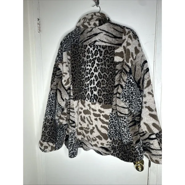 IZZI Outerwear Statement Cozy Sherpa Jacket Animal Print Patchwork Coat Button L Brown Size L - Image 6